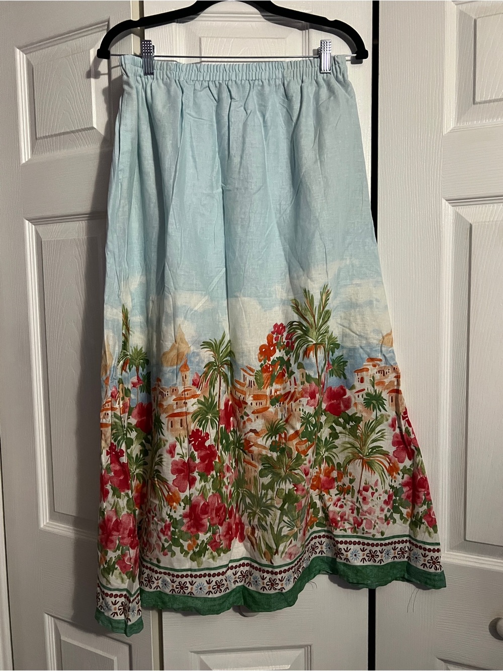 Calypso St. Barth Sky Blue Maxi Skirt with Floral Border